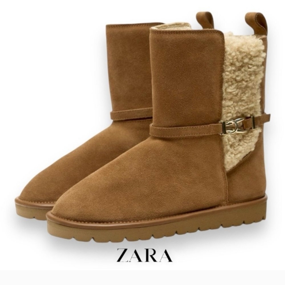 New ZARA Brown FAUX SHEARLING FLAT LEATHER ANKLE BOOTS Sz 9